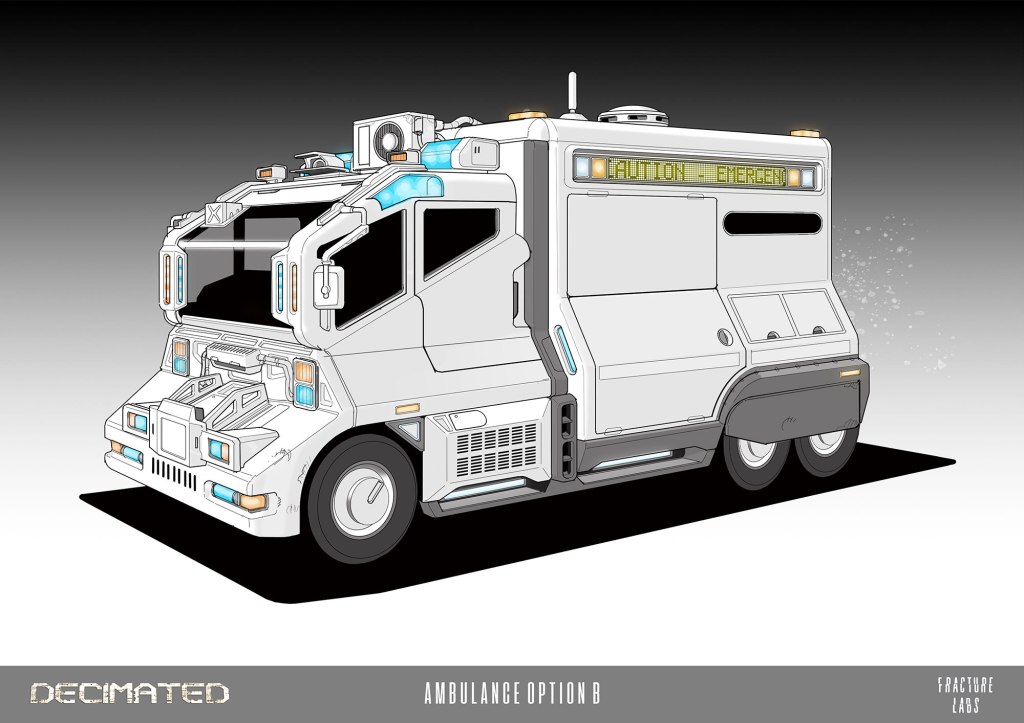 A stylized illustration of a futuristic ambulance vehicle, featuring emergency lights and a digital display reading 'CAUTION - EMERGENCY'. The design includes details such as various sensors and a robust build.