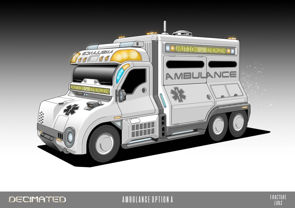 Illustration of a futuristic ambulance with a sleek design, featuring emergency lights and a prominent 'AMBULANCE' label on the side.