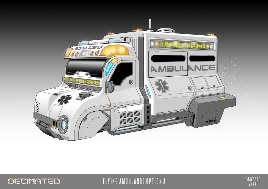 Illustration of a futuristic flying ambulance featuring advanced design elements, emergency lights, and a prominent 'AMBULANCE' sign.
