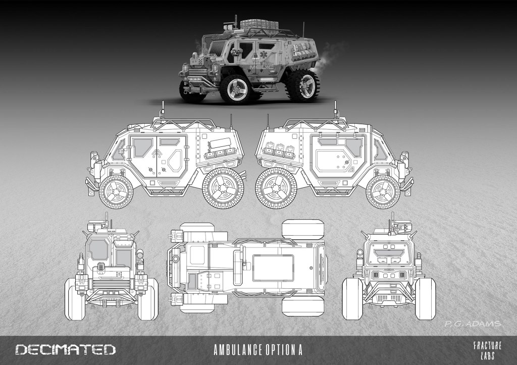Concept design of an armored ambulance vehicle, shown from multiple angles including front, side, back, and top views, with a detailed illustration of features.