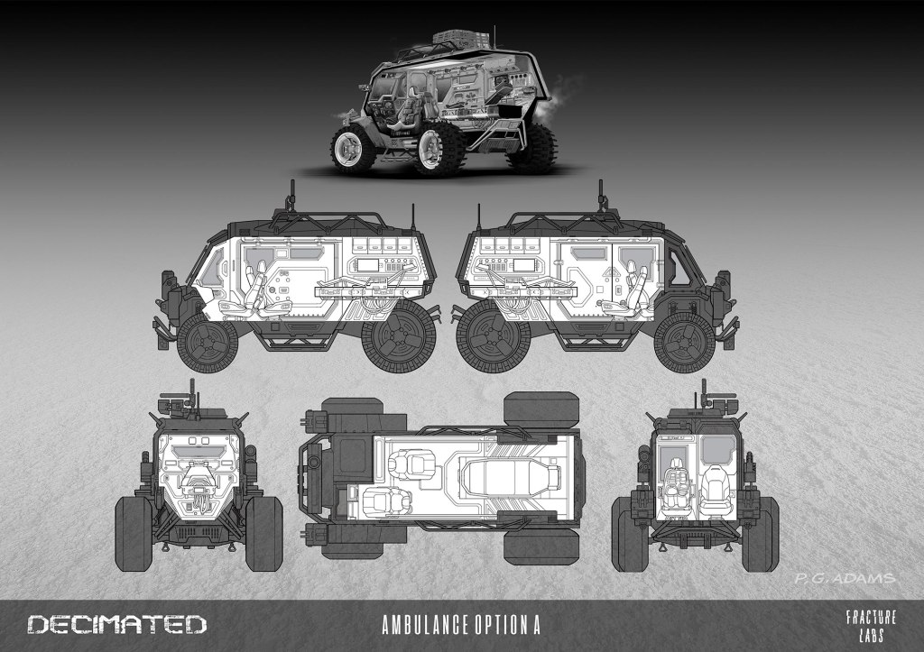 Technical illustrations of an ambulance design labeled 'Ambulance Option A' from the game 'Decimated', showing front, side, top, and rear views, with detailed interior layouts.