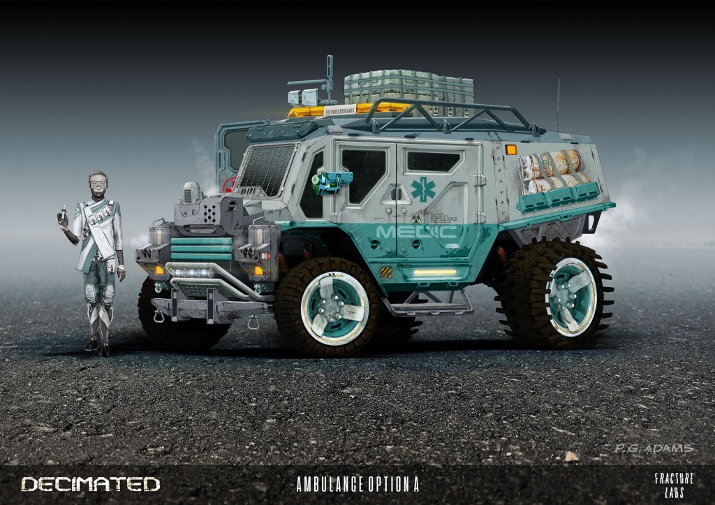 A futuristic military-style ambulance vehicle with rugged tires and medical supplies on the roof, parked on a barren landscape. A character in a medical uniform stands beside it, giving a thumbs up.