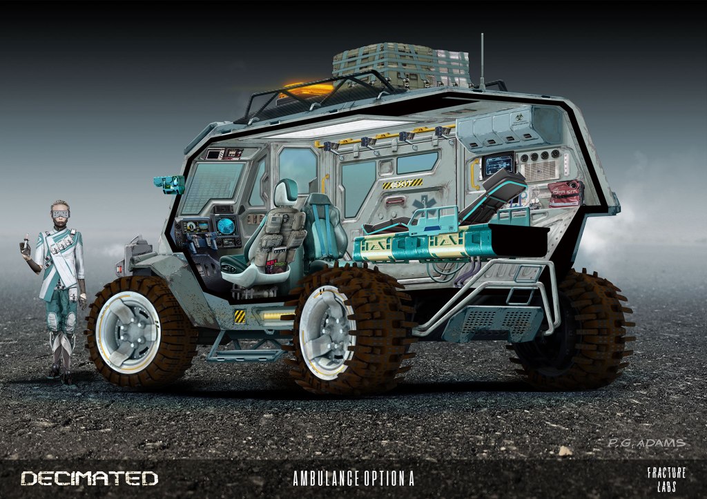 A futuristic ambulance vehicle with a detailed interior design featuring medical equipment and seating, displayed alongside a character wearing a high-tech outfit, against a barren landscape.