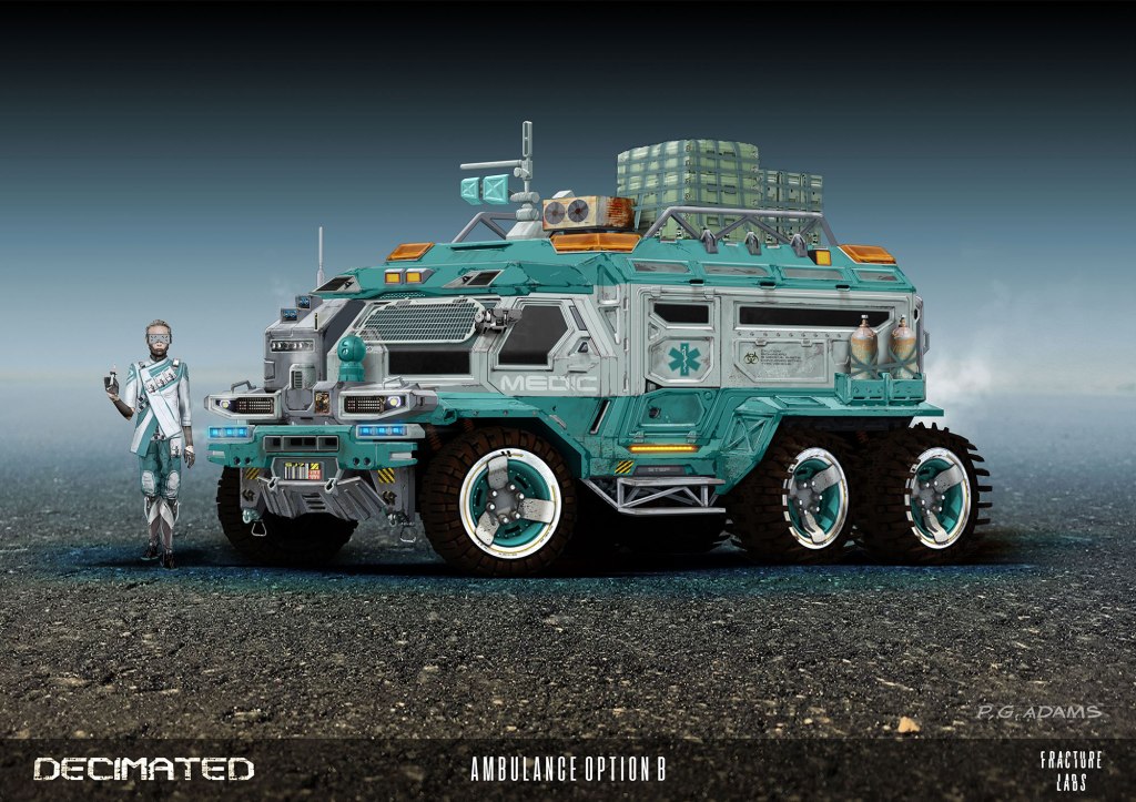 Futuristic armored ambulance vehicle with large wheels, designed for medical transport, next to a medic in a high-tech suit.
