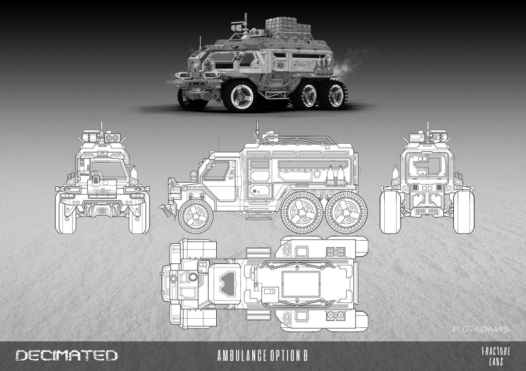 Concept art of a futuristic ambulance vehicle from the game Decimated, showcasing multiple views including front, side, top, and back perspectives.