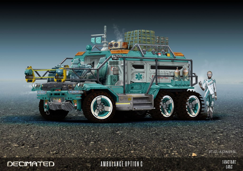 A futuristic ambulance vehicle with a rugged design, featuring large wheels and various medical supplies on top, accompanied by a humanoid figure in a medical uniform, standing beside it on a desolate landscape.