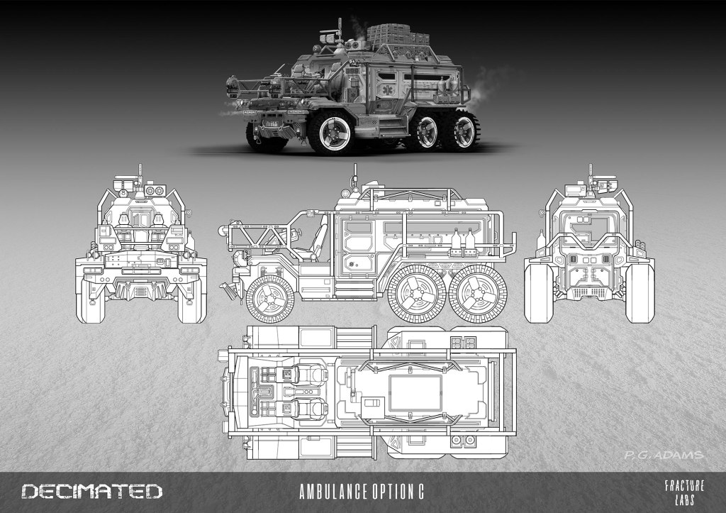 Illustration of an advanced six-wheeled ambulance vehicle from the game 'Decimated', featuring detailed technical drawings from multiple angles.