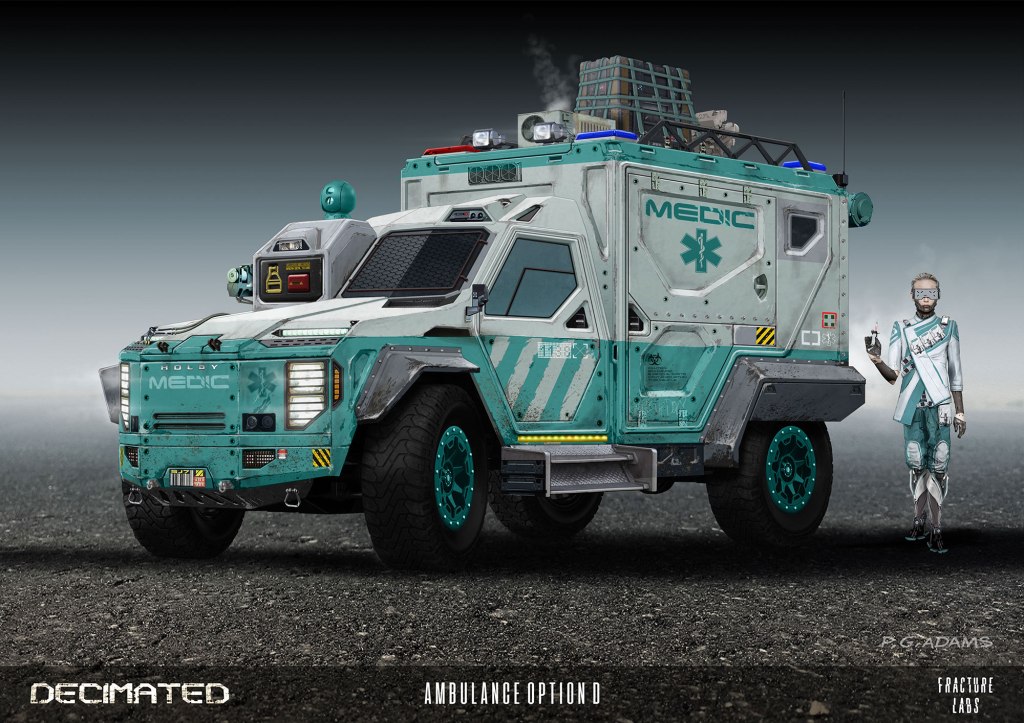A futuristic medical vehicle designed for emergency response, featuring a teal and white color scheme, large tires, and equipped with medical symbols. Next to it stands a character in a sci-fi medical uniform holding a device.