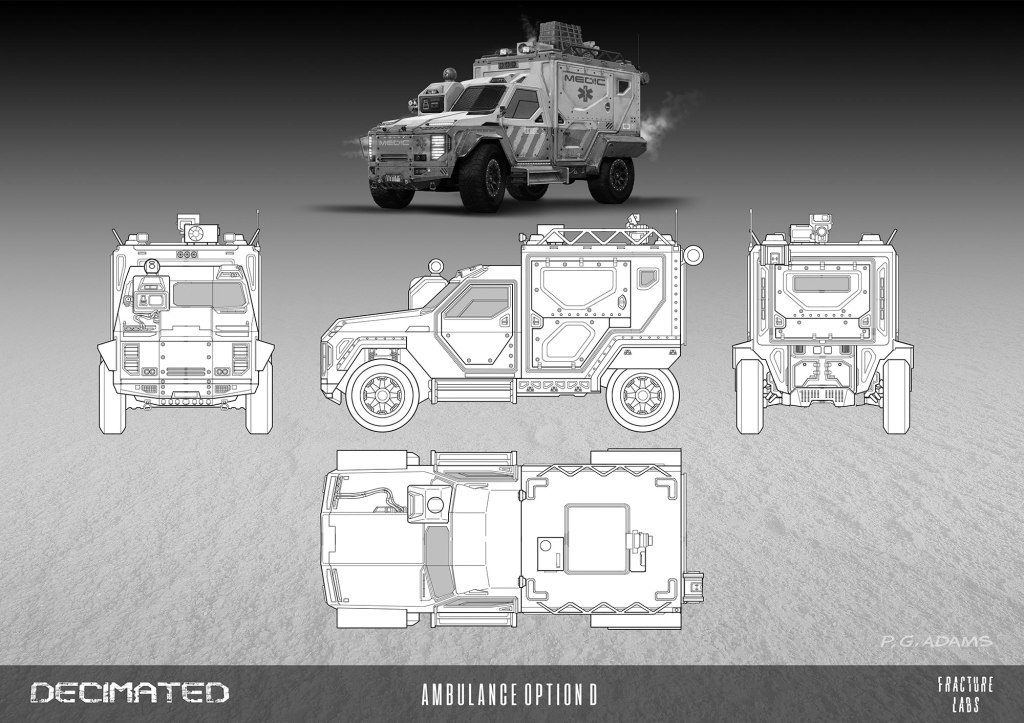 Concept art of an armored ambulance vehicle, featuring multiple views including front, side, rear, and top perspectives, showcasing its detailed design and rugged features.