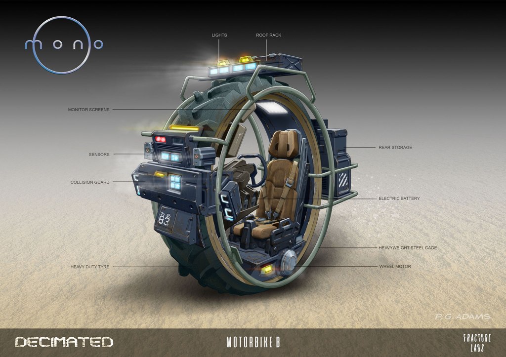 Concept design of a futuristic motorbike featuring a circular frame, monitor screens, sensors, and a collision guard. The design includes a comfortable seat, electric battery, and rear storage.