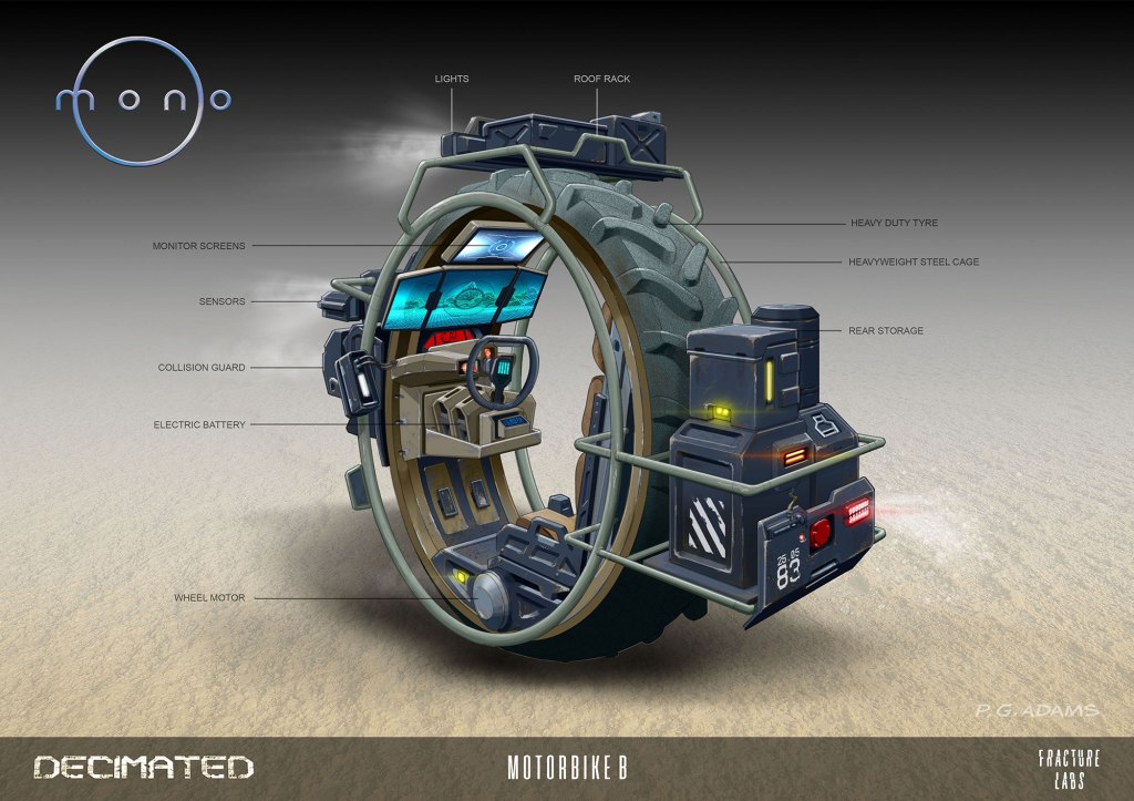 Futuristic motorbike design featuring a circular wheel structure with monitor screens, sensors, and various components labeled, including electric battery, collision guard, and rear storage.