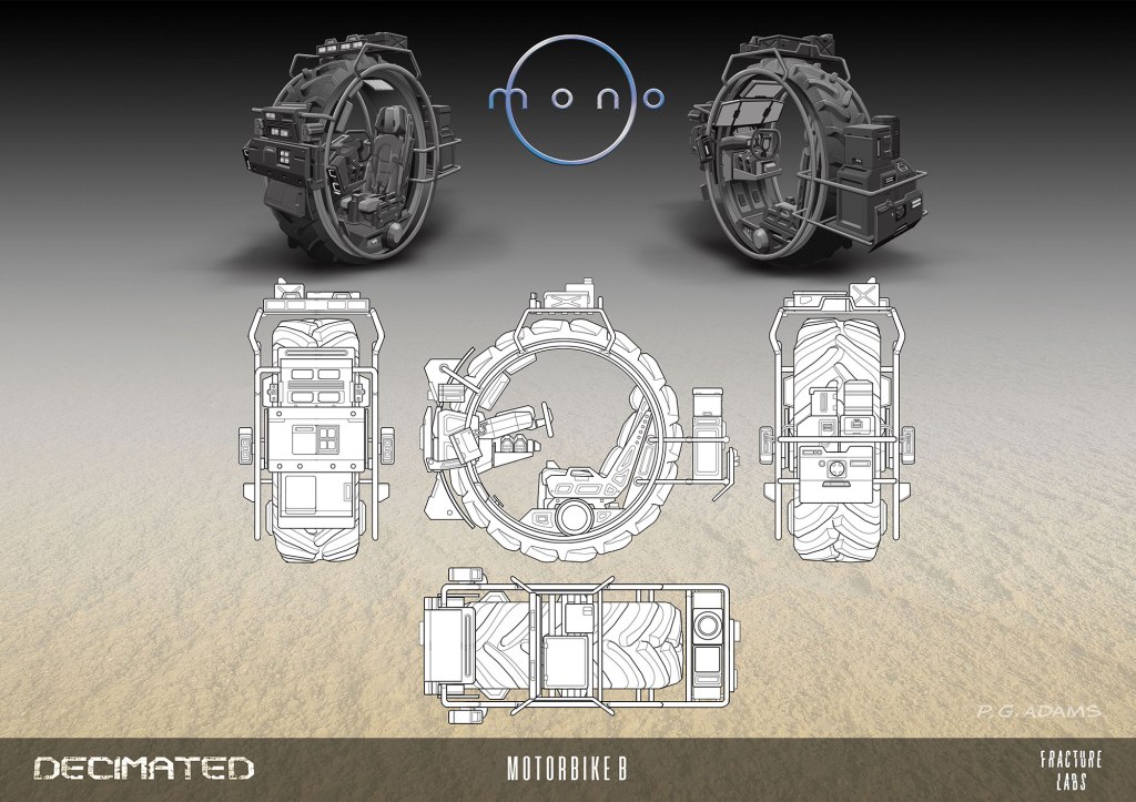 Concept design of a futuristic motorbike featuring a circular structure, detailed from multiple angles, showcasing its mechanical components.