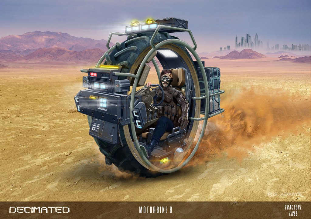 Futuristic motorbike design, featuring a large circular wheel with a seated rider in a desert landscape. The bike is equipped with advanced technology and is kicking up dust as it speeds forward.