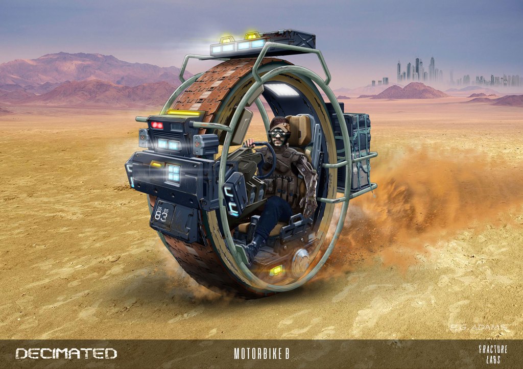 A futuristic motorbike design featuring a large circular wheel with a seated rider in tactical gear, set against a barren desert landscape with distant mountains and a city skyline.