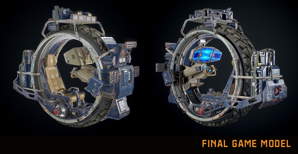 3D model of a futuristic vehicle featuring a circular design with a seat and various control panels, showcased from two angles.