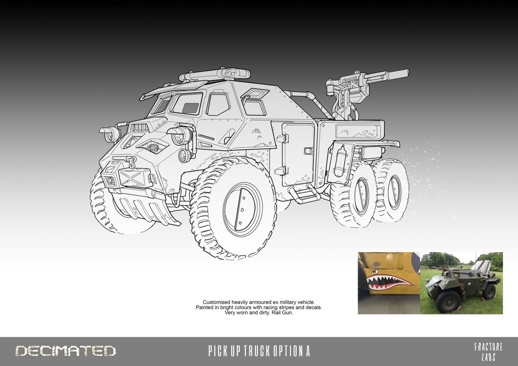 A conceptual illustration of a customized, heavily armored ex-military pickup truck featuring a rail gun and distinctive bright paint job with racing stripes and decals.