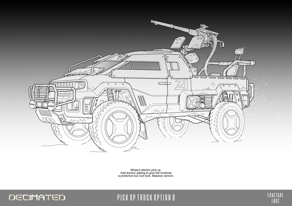 Illustration of a modern electric pickup truck with armor plating, featuring a large cannon mounted on the back and rugged tires.