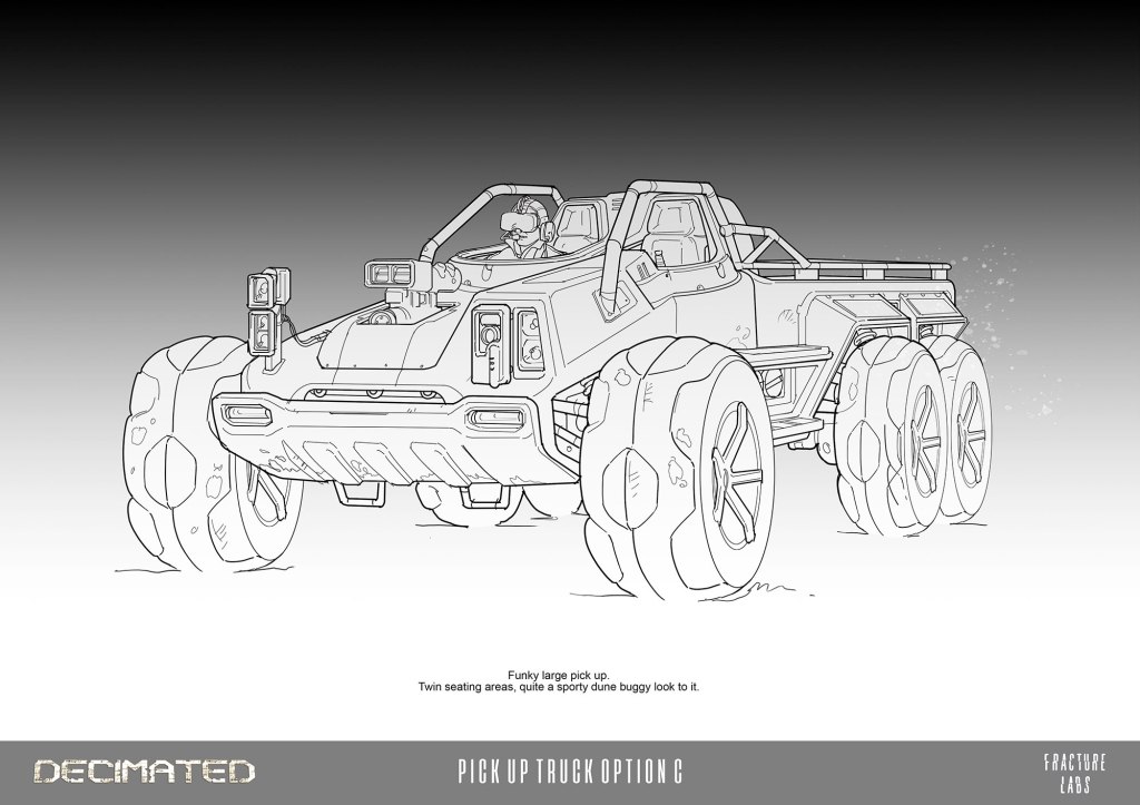 Line art illustration of a futuristic pickup truck with large, sporty tires, featuring twin seating areas and a unique design.