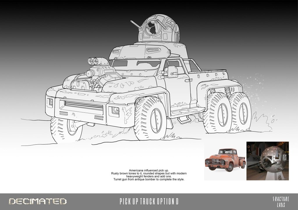 Illustration of a rugged, Americana-inspired pickup truck with large tires and a turret gun on top, showcasing a blend of old-fashioned design and modern modifications.