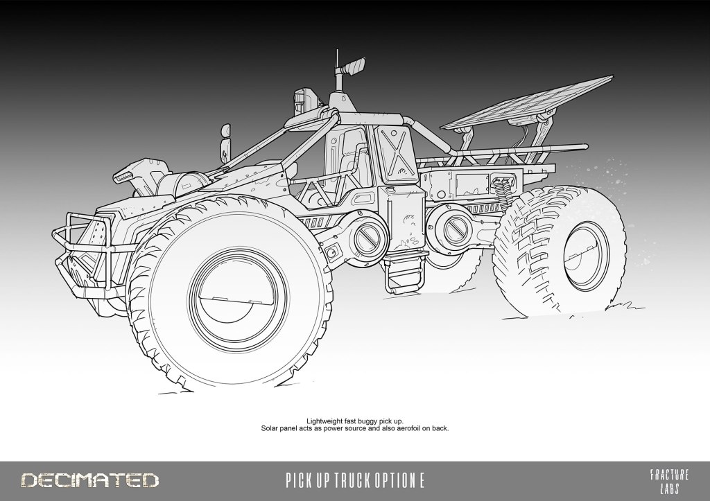 Illustration of a lightweight fast buggy pickup truck designed for off-road use, featuring oversized tires and a solar panel on the back that serves as both a power source and an aerodynamic aid.