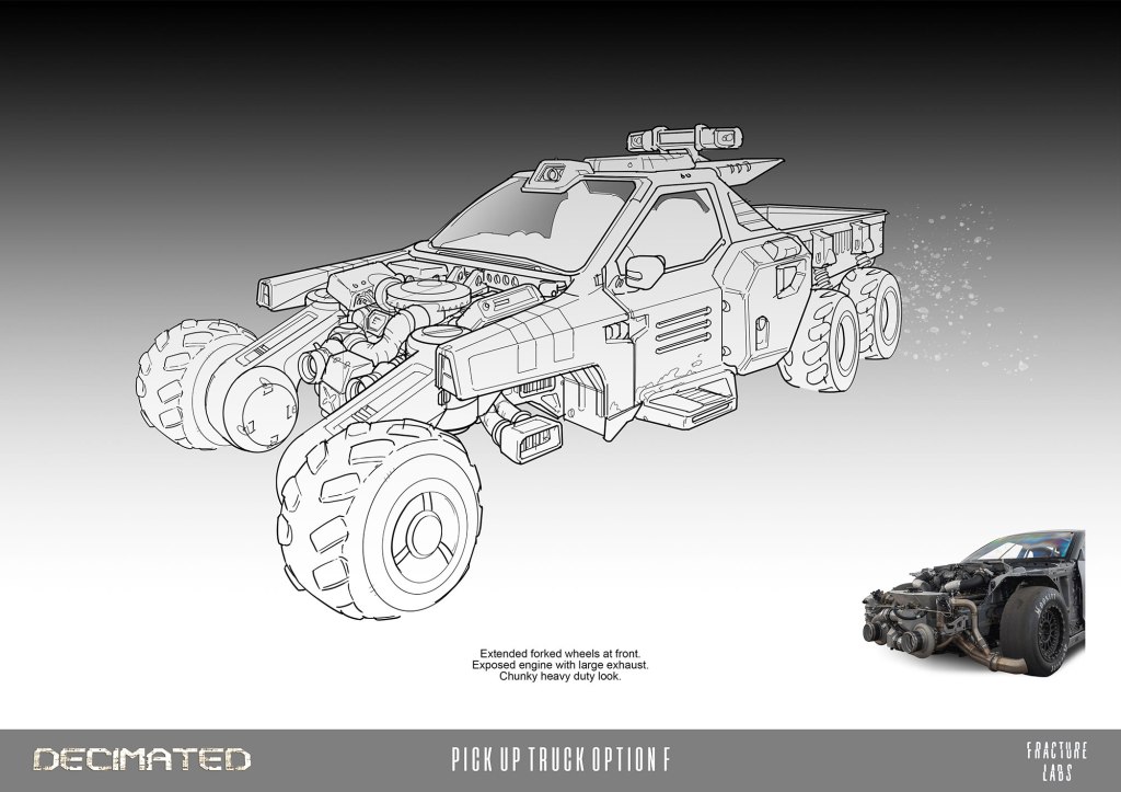 Concept design of a rugged pickup truck with extended front wheels and an exposed engine, featuring a chunky, heavy-duty look.