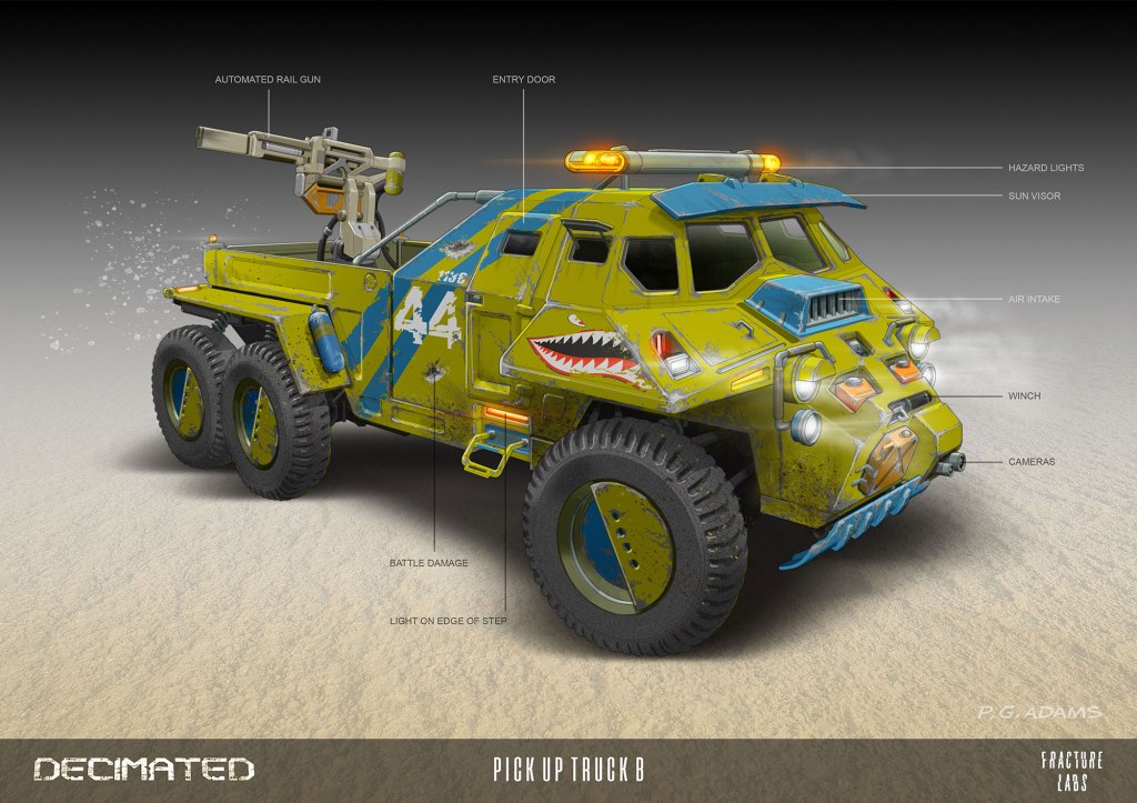 Illustration of a futuristic pickup truck with an automated rail gun, featuring battle damage, hazard lights, a sun visor, air intake, a winch, and cameras, set against a sandy background.