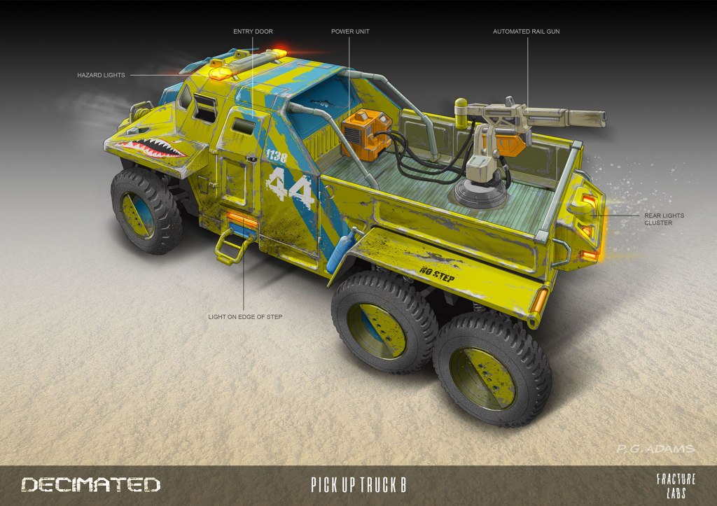Concept design of a pick-up truck with a rugged appearance, featuring bold colors, hazard lights, an automated rail gun mounted in the back, and various labeled components such as entry door and power unit, set against a sandy background.