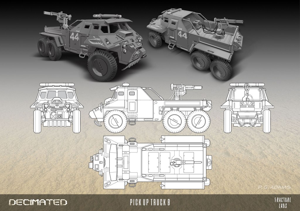 A detailed illustration of a futuristic pickup truck featuring a unique design with large tires, mounted weaponry, and various perspectives including front, back, and side views.