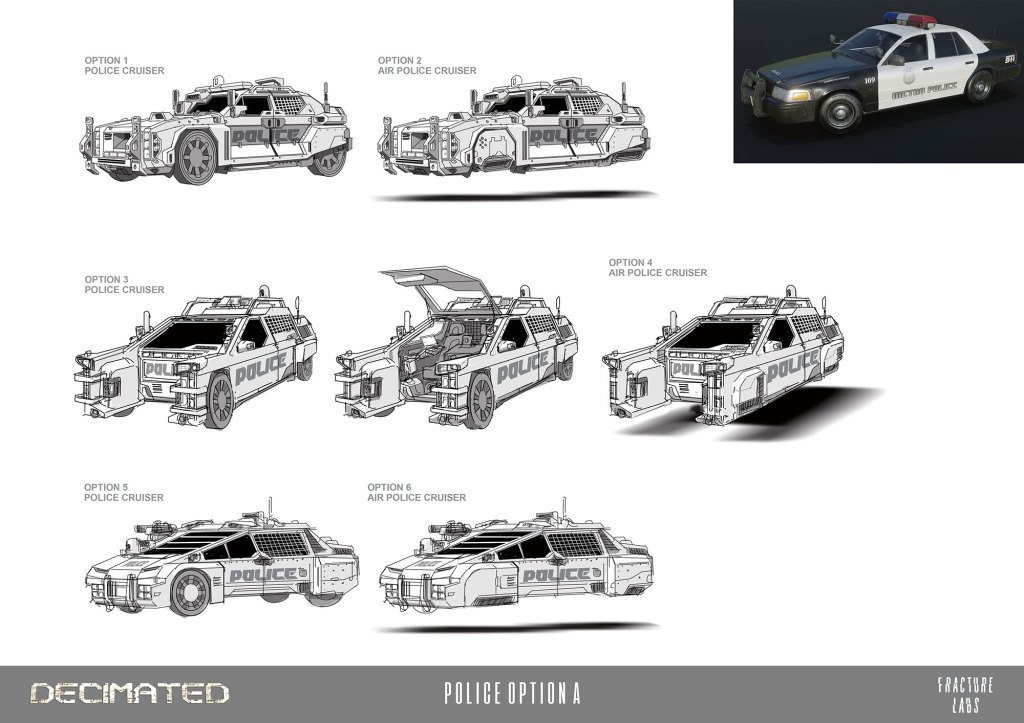 Illustration showcasing various designs of futuristic police cruisers, including options for air and ground vehicles, with detailed sketches and a rendered image of a traditional police car.