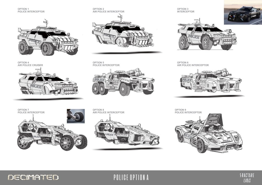 A selection of vehicle design options for a futuristic police theme, including various police interceptors, air police interceptors, and cruisers. Each option is presented with detailed illustrations showcasing different features and designs.