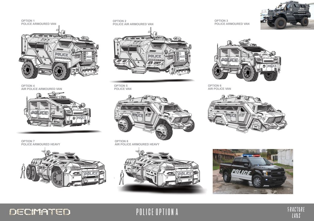 Concept designs for various police vehicles including armored vans and air police units.