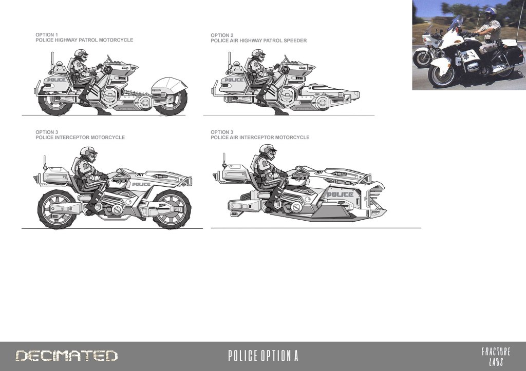 Illustration showcasing four police motorcycle designs: a police highway patrol motorcycle, a police air highway patrol speeder, a police interceptor motorcycle, and a police air interceptor motorcycle.