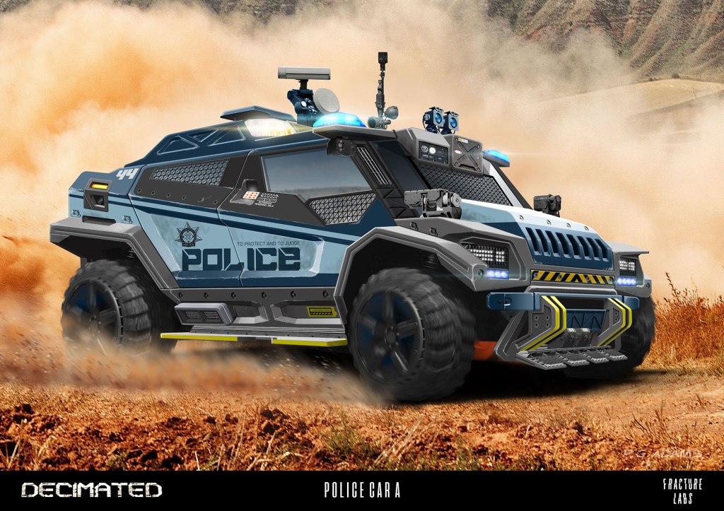 A futuristic police vehicle designed for rugged terrain, featuring a blue and black color scheme, armored body, and advanced technology elements such as cameras and lights. The vehicle is shown in a dusty environment, highlighting its off-road capabilities.