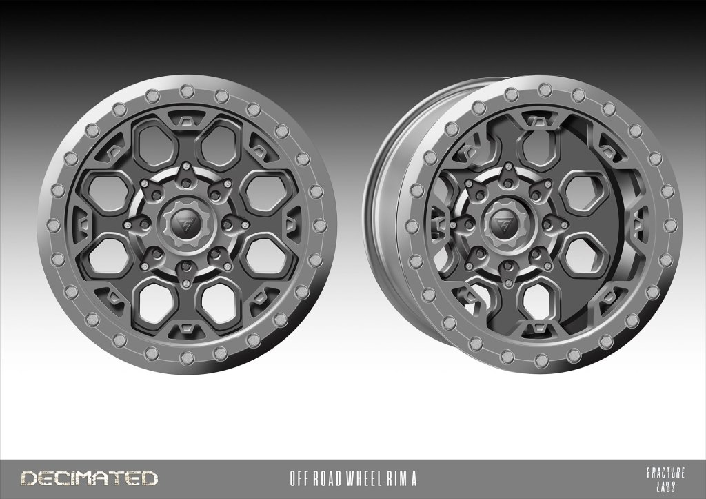 Two off-road wheel rims featuring a hexagonal design with exposed bolts and a metallic finish.