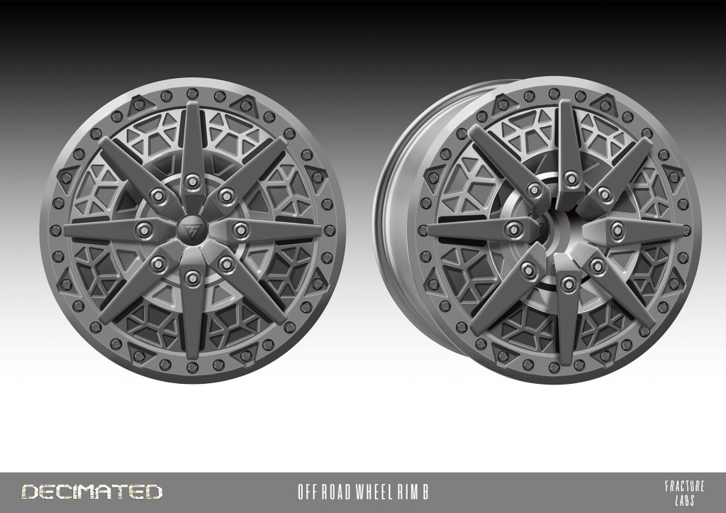 Illustration of an off-road wheel rim featuring a geometric design and multiple spokes, viewed from the front and side angles.