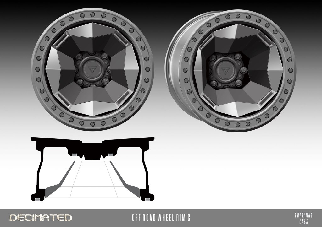 Illustration of an off-road wheel rim showing a front view and a side profile view, featuring angular design elements and a metallic finish, labeled 'Decimated Off Road Wheel Rim C' by Fracture Labs.