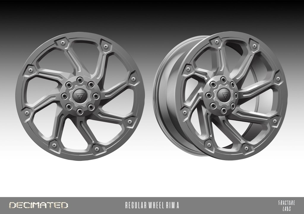 A digital rendering of two alloy wheels, displaying a modern design with multiple spokes and a circular base. The wheels are shown from different angles, showcasing their intricate details and a metallic gray finish.