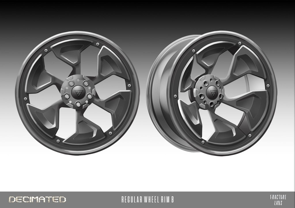 Two styles of a car wheel rim displayed from different angles, featuring a sleek design with multiple spokes and a darker metallic finish.