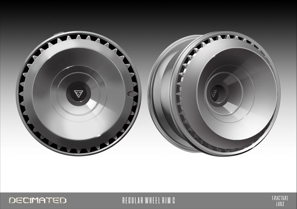 A 3D representation of a regular wheel rim showcasing a sleek, metallic design with a central logo and intricate detailing around the edges.