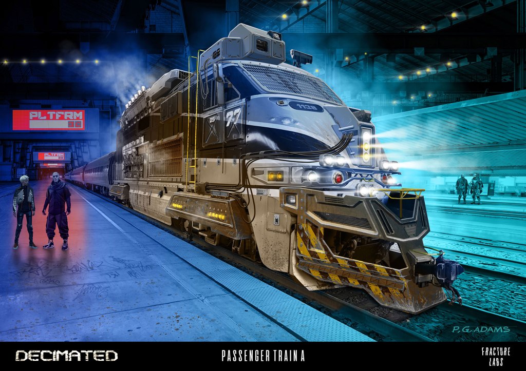 A futuristic passenger train at a platform with blue lighting, two characters standing nearby, and a digital display in the background.
