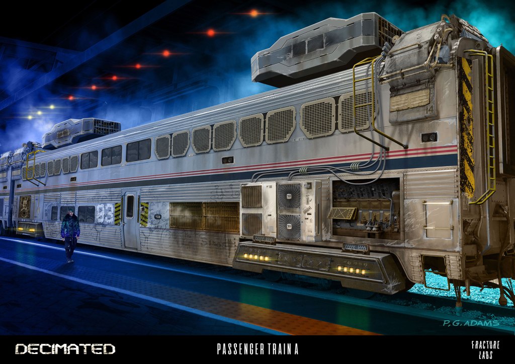 A futuristic passenger train with a sleek design parked on a platform, illuminated by blue and colorful lights, featuring a person walking beside it.