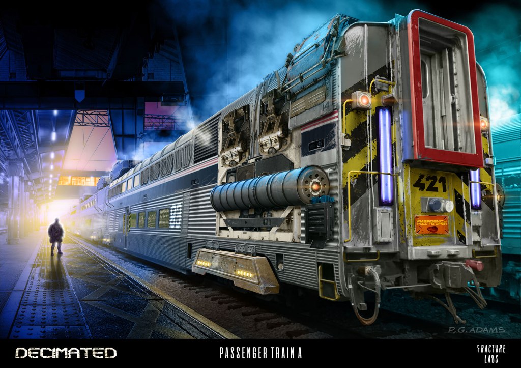 A futuristic passenger train with intricate mechanical details, set in a dimly lit train station with a silhouette of a person in the foreground. The train features neon lights and a weathered design, suggesting a post-apocalyptic theme.