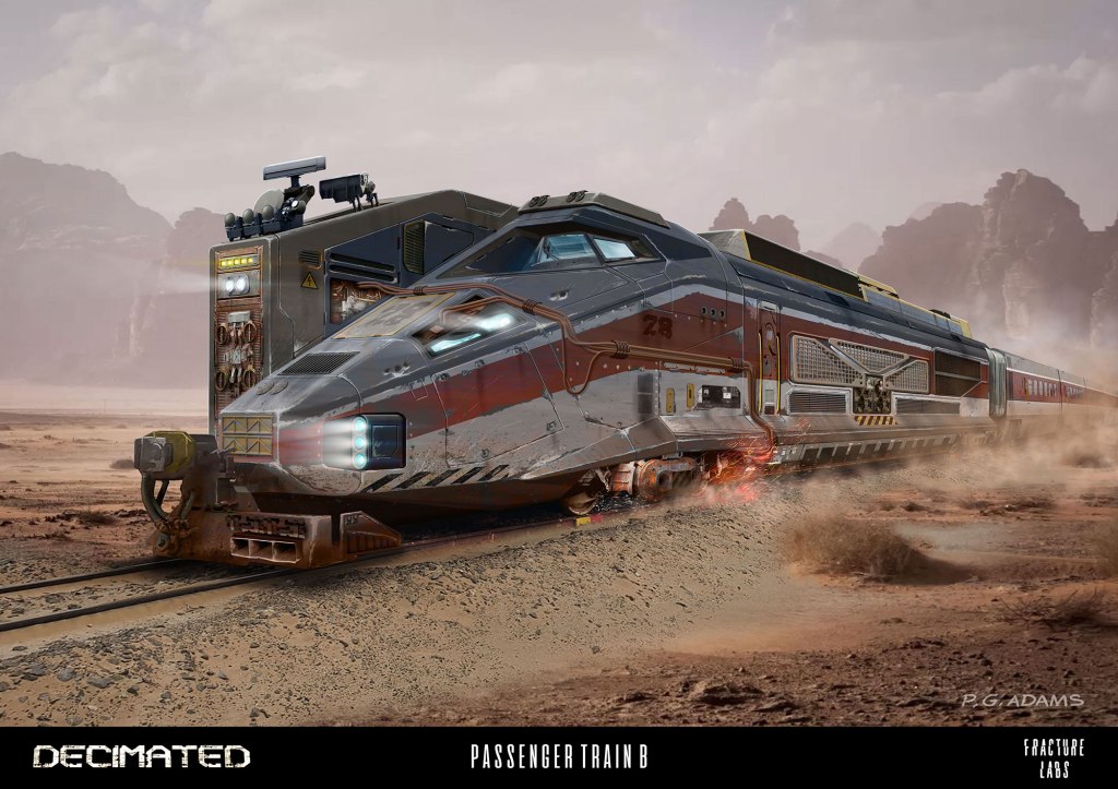 A futuristic passenger train designed for a desert landscape, featuring a sleek metallic body, intricate detailing, and advanced technology elements.