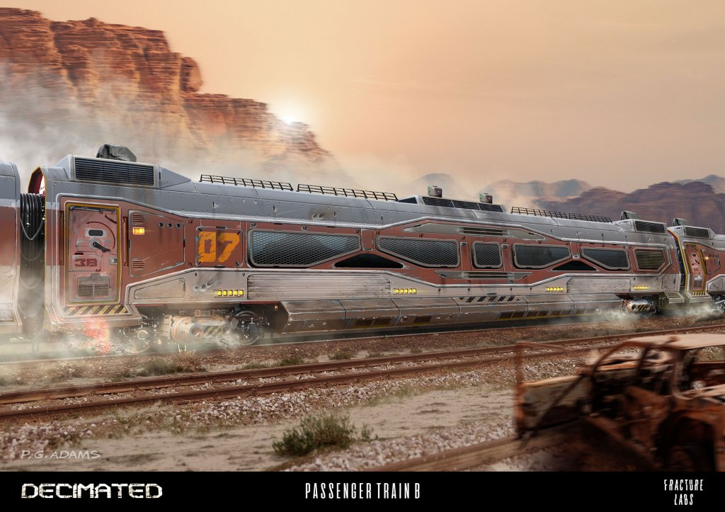 A futuristic passenger train labeled '07' traveling on a desert track with rocky mountains in the background.