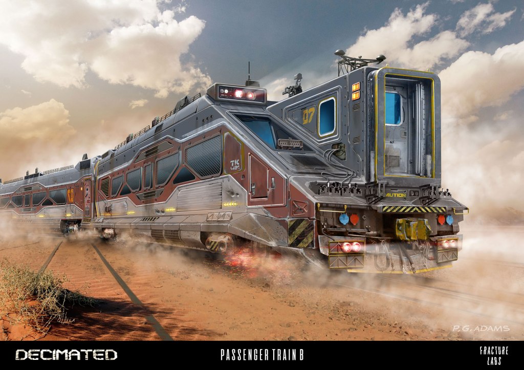 Futuristic passenger train moving through a dusty landscape, with a streamlined design and modern features.