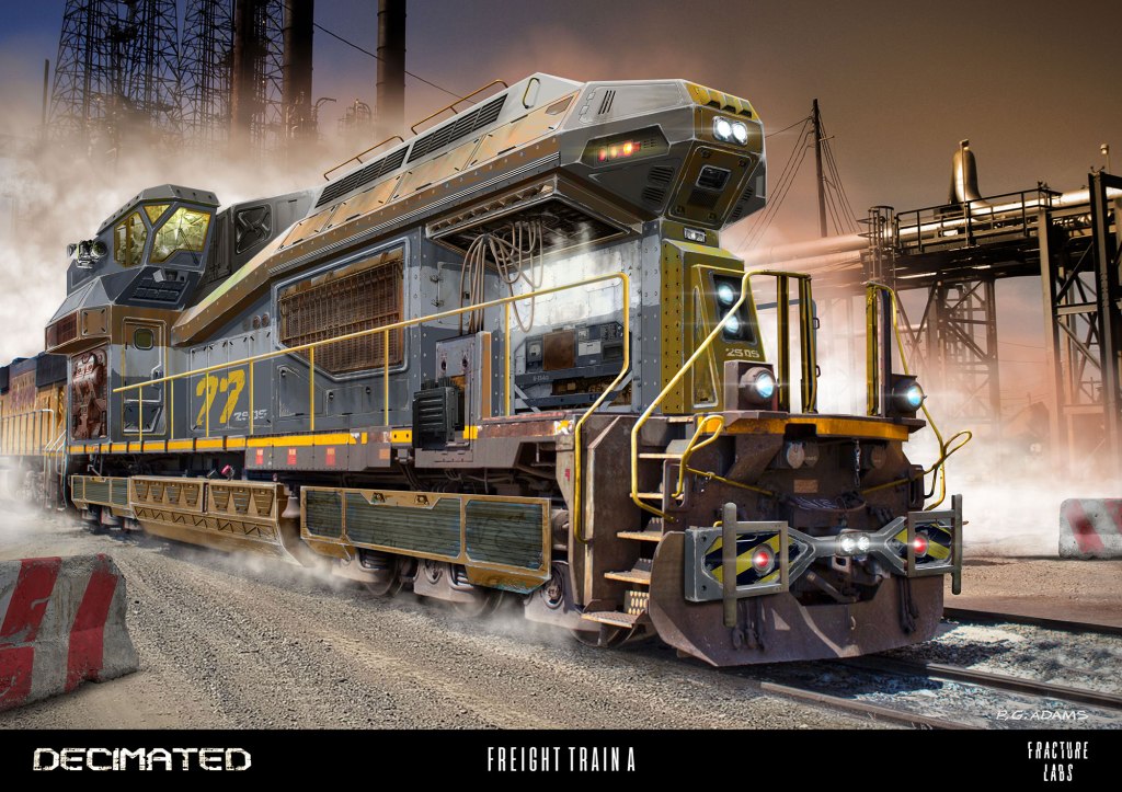 A detailed illustration of a futuristic freight train, featuring a sleek design with prominent headlights and various mechanical elements. The background shows industrial structures under a hazy atmosphere.