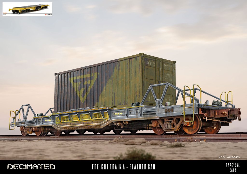 A flatbed freight train car carrying a large container, set against a desert background with a colorful sky.