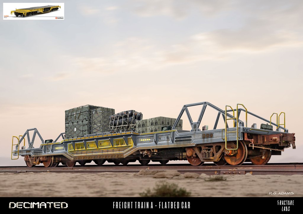A futuristic freight train flatbed car loaded with crates, situated on tracks against a cloudy sky.