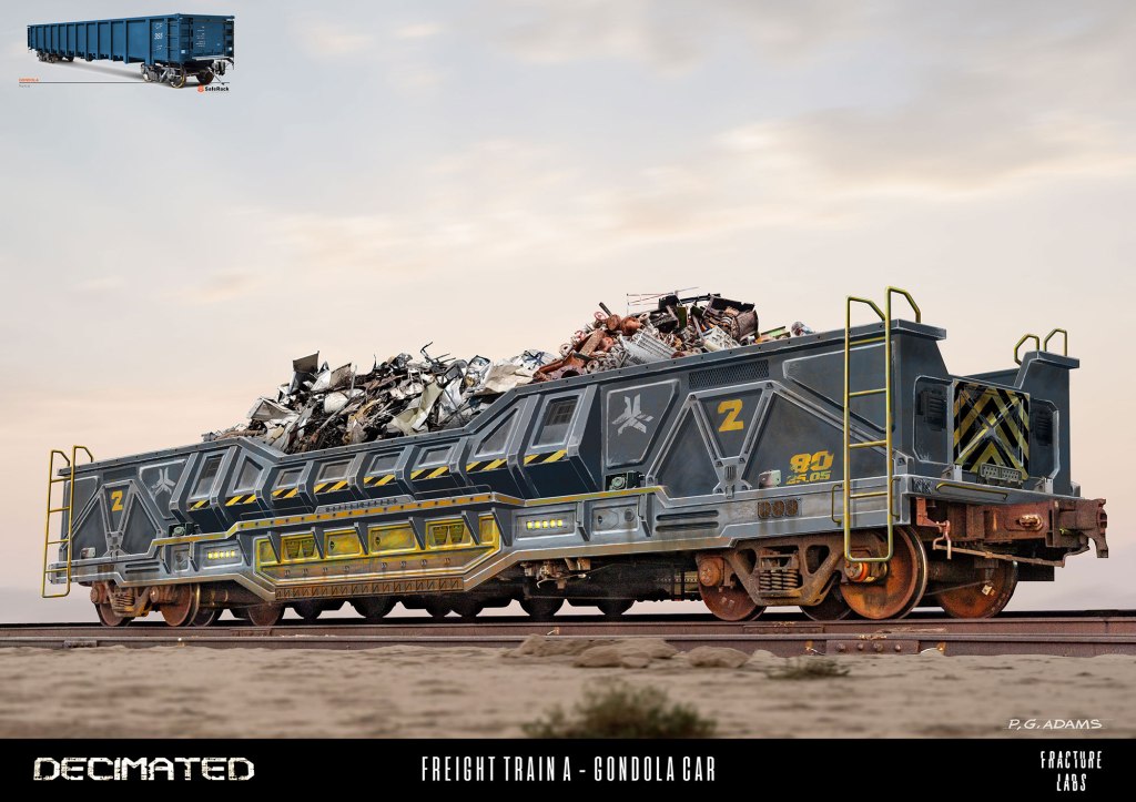 A detailed image of a freight train gondola car filled with scrap metal and debris, positioned on railway tracks with a cloudy sky in the background.