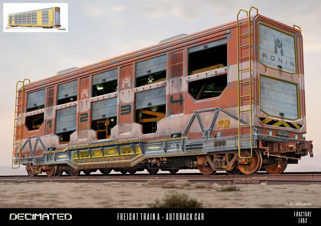 A detailed illustration of a freight train autorack car, featuring an industrial design with numbers 1 through 4 on the side, and a ladder leading to the top. The car has a mix of metallic colors with a rugged appearance, set against a desert landscape.